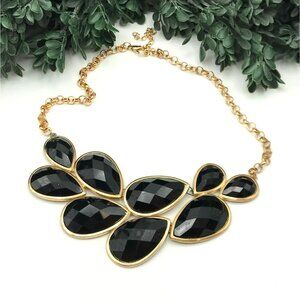 Gold Tone Chain Statement Necklace With Black Teardrop Crystal Accents